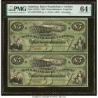 Argentina Banco Oxandaburu y Garbino 5 Pesos Bolivianos 2.1.1869 Pick S1783r1 Uncut Pair of Remainders PMG Choice Uncirculated 64 EPQ; Chile Banco de ...