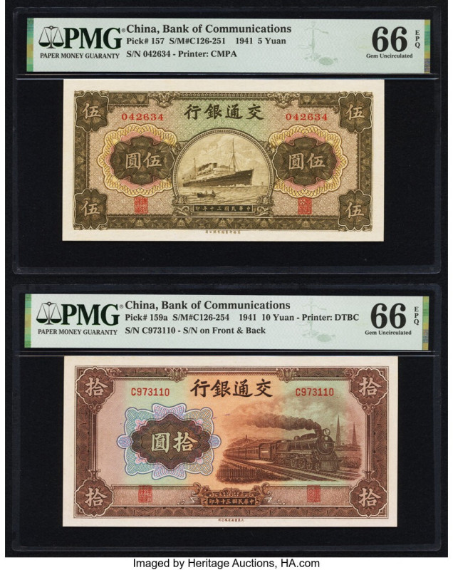 China Bank of Communications 5; 10 Yuan 1941 Pick 157; 159a Two Examples PMG Gem...