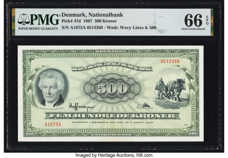 Denmark National Bank 500 Kroner 1967 Pick 47d PMG Gem Uncirculated 66 EPQ. 

HI...