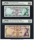 Fiji Government of Fiji; Central Monetary Authority 50 Cents; 10 Dollars ND (1971); (1974) Pick 64a; 74a Two Examples PMG Gem Uncirculated 66 EPQ; Ver...