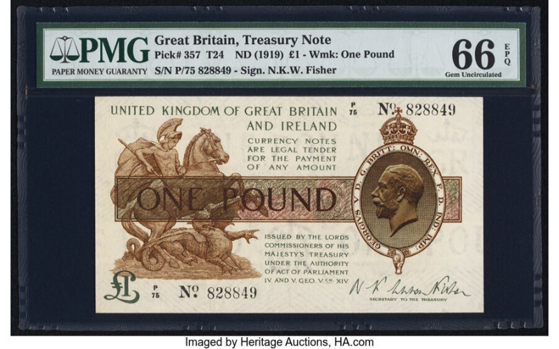 Great Britain Bank of England 1 Pound ND (1919) Pick 357 PMG Gem Uncirculated 66...