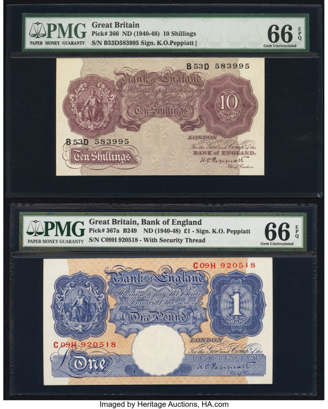 Great Britain Bank of England 10 Shillings; 1 Pound ND (1940-48) Pick 366; 367a ...