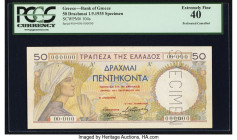 Greece Bank of Greece 50 Drachmai 1935 Pick 104s Specimen PCGS Extremely Fine 40. A Specimen perforation is present. 

HID09801242017

© 2022 Heritage...