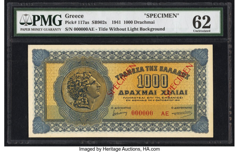 Greece Bank of Greece 1000 Drachmai 1941 Pick 117as Specimen PMG Uncirculated 62...