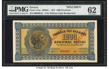 Greece Bank of Greece 1000 Drachmai 1941 Pick 117as Specimen PMG Uncirculated 62. Previous mounting and minor rust noted. 

HID09801242017

© 2022 Her...