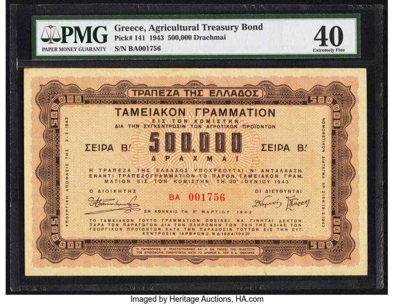 Greece Agricultural Treasury Bonds 500,000 Drachmai 3.3.1943 Pick 141 PMG Extrem...