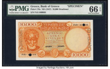 Greece Bank of Greece 10,000 Drachmai ND (1947) Pick 178s Specimen PMG Gem Uncirculated 66 EPQ. One POC and a perforations are present. 

HID098012420...