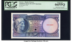 Greece Bank of Greece 20,000 Drachmai ND (1947) Pick 179s Specimen PCGS Gem New 66PPQ. One POC is present on this example. Original mounting is noted....