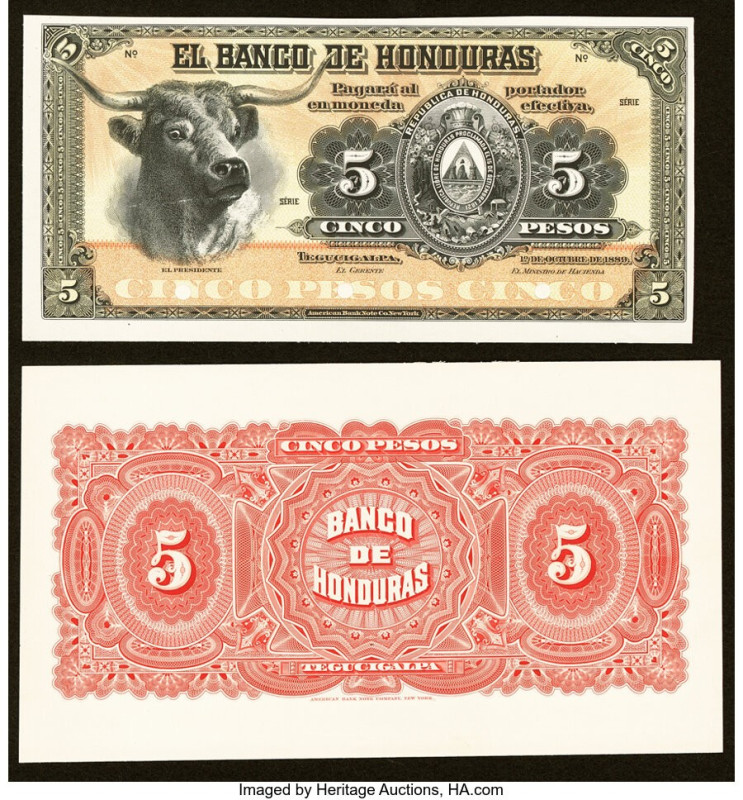 Honduras Banco de Honduras 5 Pesos ND (1889) Pick 22p Front and Back Proof Crisp...