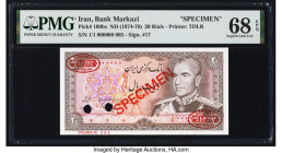 Iran Bank Markazi 20 Rials ND (1974-79) Pick 100bs Specimen PMG Superb Gem Unc 68 EPQ. Two POCs are noted. 

HID09801242017

© 2022 Heritage Auctions ...