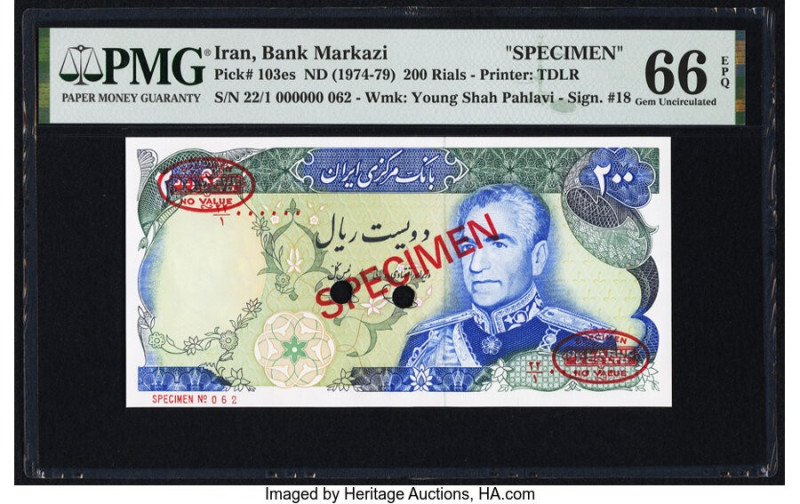 Iran Bank Markazi 200 Rials ND (1974-79) Pick 103es Specimen PMG Gem Uncirculate...