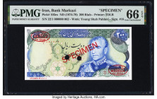 Iran Bank Markazi 200 Rials ND (1974-79) Pick 103es Specimen PMG Gem Uncirculated 66 EPQ. Two POCs are noted. 

HID09801242017

© 2022 Heritage Auctio...