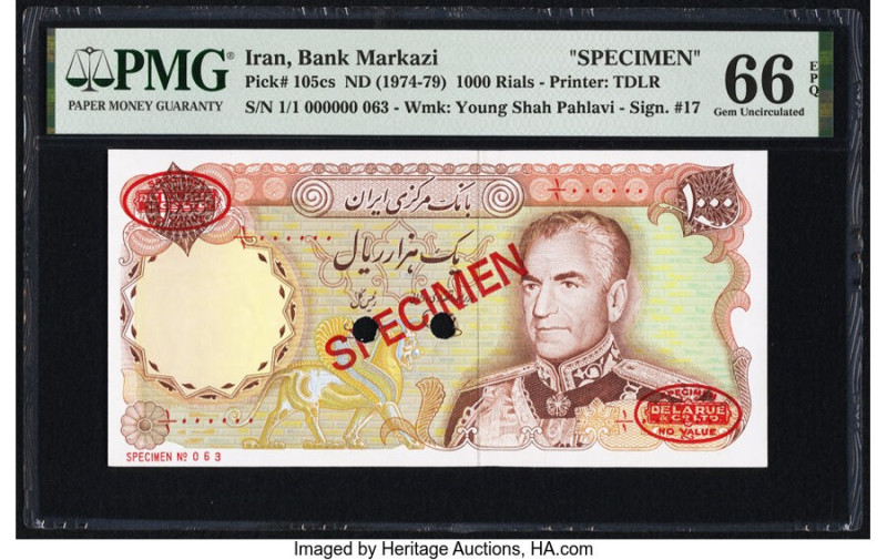 Iran Bank Markazi 1000 Rials ND (1974-79) Pick 105cs Specimen PMG Gem Uncirculat...