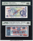 Ireland - Northern Bank of Ireland 5 Pounds ND (1971-77) Pick 62s Specimen PMG Gem Uncirculated 66 EPQ; Scotland British Linen Bank 1 Pound 1.7.1963 P...