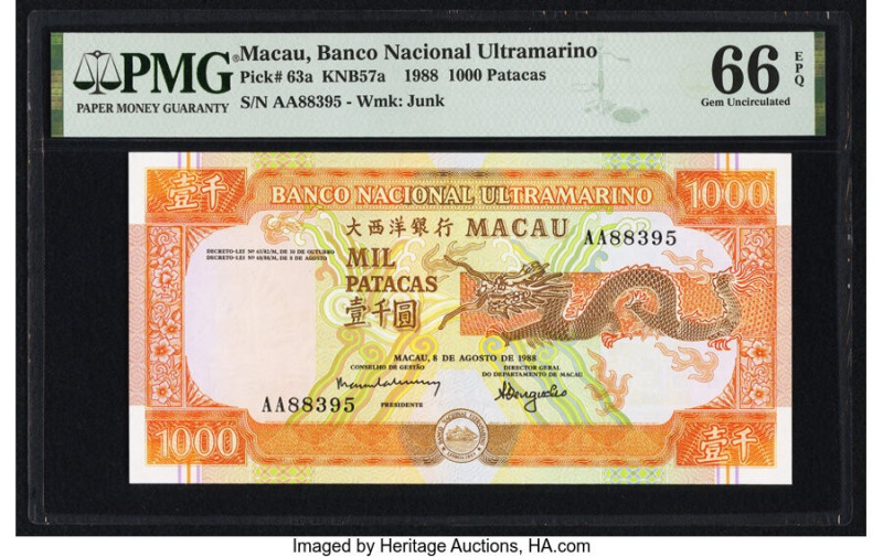 Macau Banco Nacional Ultramarino 1000 Patacas 8.8.1988 Pick 63a KNB57a PMG Gem U...