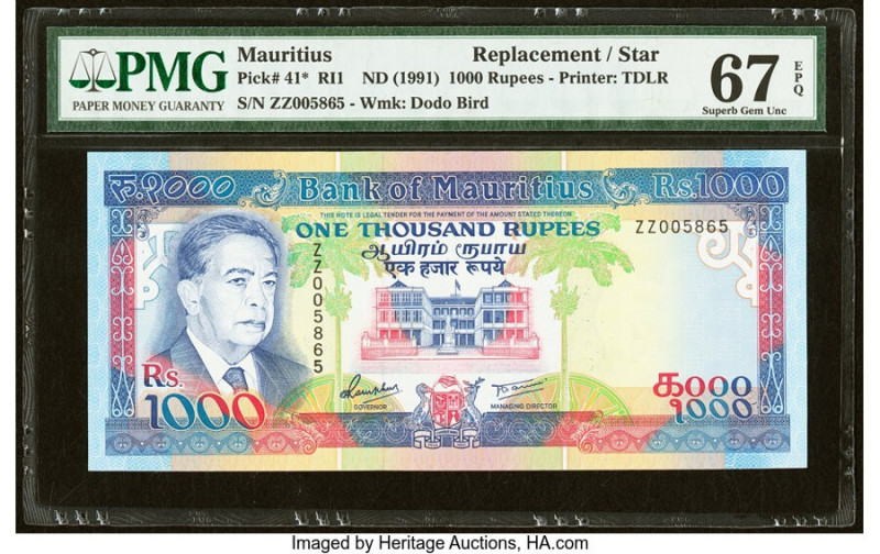 Mauritius Bank of Mauritius 1000 Rupees ND (1991) Pick 41* RI1 Replacement PMG S...