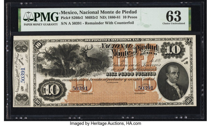 Mexico Nacional Monte de Piedad 10 Pesos 1880-81 Pick S266r2 M692r2 Remainder PM...