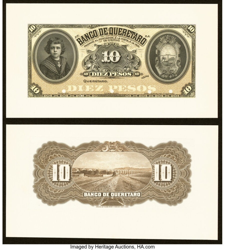 Mexico Banco de Queretaro 10 Pesos 1903-14 Pick S391p Front and Back Proof Crisp...