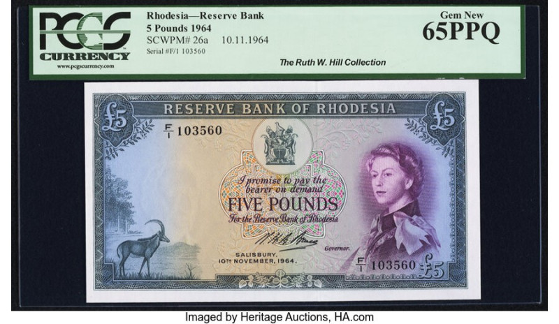 Rhodesia Reserve Bank of Rhodesia 5 Pounds 10.11.1964 Pick 26a PCGS Gem New 65PP...