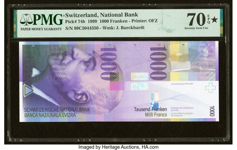 Switzerland National Bank 1000 Franken 1999 Pick 74b PMG Seventy Gem Unc 70 EPQ ...