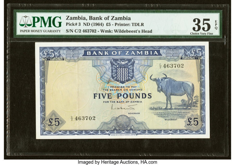 Zambia Bank of Zambia 5 Pounds ND (1964) Pick 3 PMG Choice Very Fine 35 EPQ. 

H...