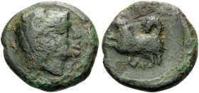 ETRURIA. Uncertain inland mint . Circa 300-250 BC. (Bronze, 14 mm, 2.41 g, 6 h). Head of Hercle to right, wearing lion's skin headdress. Rev. Dog runn...