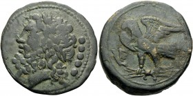 APULIA. Venusia . Circa 210-200 BC. Quincunx (Bronze, 28 mm, 17.14 g, 1 h). Laureate head of Zeus to left; to right, •••••. Rev. VE Eagle, with spread...