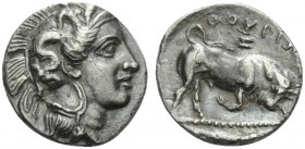 LUCANIA. Thourioi . Circa 350-300 BC. Triobol (Silver, 12 mm, 1.34 g, 9 h). Head of Athena to right, wearing Attic helmet adorned with skylla. Rev. ΘΟ...