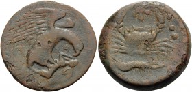 SICILY. Akragas . Circa 420-406 BC. Tetras (Bronze, 26 mm, 12.14 g, 9 h), c. 413-406. AKPA Eagle right, clutching dead hare in its talons. Rev. Crab; ...