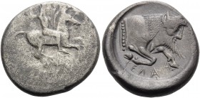 SICILY. Gela . Circa 490/85-480/75 BC. Didrachm (Silver, 21 mm, 8.36 g, 4 h). Bearded horseman, nude, riding right, brandishing spear in his upraised ...