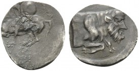 SICILY. Gela . 430-425 BC. Litra (Silver, 11 mm, 0.51 g, 3 h). Horseman galloping left, holding spear and shield. Rev. [ΓΕΛΑΣ] Forepart of Acheloos as...