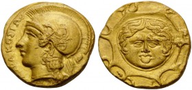 SICILY. Syracuse . Second Democracy, 466-405 BC. Dilitron (Gold, 11 mm, 1.77 g, 5 h), signed by the engraver Mi..., struck circa 406. ΣΥΡΑΚΟΣΙΩΝ Head ...
