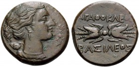 SICILY. Syracuse . Agathokles, 317-289 BC. Litra (Bronze, 21 mm, 7.67 g, 8 h), struck circa 306/4-289. [ΣΩΤΕΙΡ]Α Head of Artemis Soteira to right, wit...