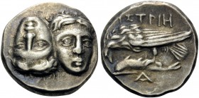MOESIA. Istros . Circa 280-256/5 BC. Drachm (Silver, 17 mm, 5.55 g, 12 h). Two facing male heads side by side, one upright and the other inverted - a ...