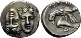 MOESIA. Istros . Circa 280-256/5 BC. Drachm (Silver, 18 mm, 5.63 g, 12 h). Two facing male heads side by side, one upright and the other inverted – a ...