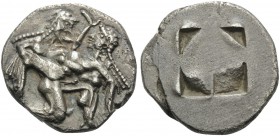 ISLANDS OFF THRACE, Thasos. Circa 500-463 BC. Stater (Silver, 22 mm, 9.35 g), c. 500-480 BC. Ithyphallic satyr advancing to right, carrying protesting...