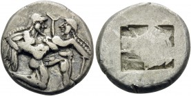 ISLANDS OFF THRACE, Thasos. Circa 500-463 BC. Stater (Silver, 21 mm, 9.12 g), c. 500-480. Ithyphallic satyr advancing right, carrying off protesting n...