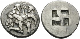 ISLANDS OFF THRACE, Thasos. Circa 500-463 BC. Stater (Silver, 21 mm, 8.61 g), c. 480-463 BC. Ithyphallic satyr advancing to right, carrying protesting...