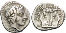 MACEDON, Chalkidian League. Circa 432-348 BC. Tetrobol (Silver, 15.5 mm, 2.30 g, 10 h), Olynthos, 400-348. Laureate head of Apollo to right. Rev. Χ-Α-...