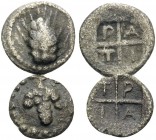 MACEDON. Tragilos . Circa 450-400 BC. (Silver, 0.51 g). Lot of two silver coins. 1 . Tetartemorion, 7 mm, 0.18 g, 4h. HGC 3.1, 746. 2 . Hemiobol, 8 mm...