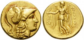 KINGS OF MACEDON. Philip III Arrhidaios, 323-317 BC. Stater (Gold, 18 mm, 8.58 g, 6 h), Lampsakos. Head of Athena to right, wearing pendant earring, n...