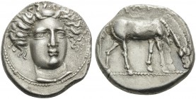 THESSALY. Larissa . Circa 400-380 BC. Drachm (Silver, 18 mm, 5.76 g, 8 h). Head of the nymph Larissa three-quarters facing and wearing ampyx, turned s...