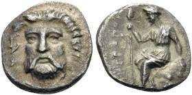 THESSALY. Metropolis . Circa 400-350 BC. Obol (Silver, 11 mm, 0.95 g, 6 h). Facing head of horned and bearded river god. Rev. MHTPOΠO Dionysos, bearde...