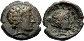 THESSALY. Phalanna . Circa 400-344 BC. Dichalkon (Bronze, 17 mm, 4.92 g, 12 h). Male head right. Rev. ΦΑΛΑΝΝAΙΩΝ Head of nymph right; monogram to left...