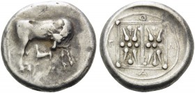 ILLYRIA. Apollonia . Circa 340-280 BC. Stater (Silver, 21 mm, 10.65 g, 4 h). Cow standing to right, turning her head back to left to lick calf sucklin...