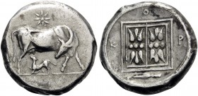 KORKYRA. Korkyra . Circa 350/30-290/70 BC. Stater (Silver, 20 mm, 10.64 g, 9 h). Cow standing right, her head bent back to left to suckle her calf, kn...