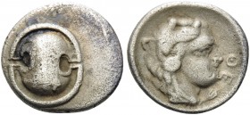 BOEOTIA. Thebes . Circa 395-338 BC. Obol (Silver, 11 mm, 0.87 g, 1 h). Boeotian shield. Rev. ΘE Head of Herakles to right, wearing lion's skin headdre...