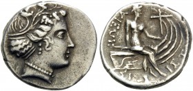 EUBOIA. Histiaia . 3rd-2nd centuries BC. Tetrobol (Silver, 15 mm, 2.40 g, 7 h). Wreathed head of nymph Histiaia to right. Rev. IΣTIAIEΩN Nymph seated ...