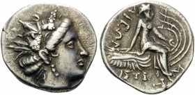 EUBOIA. Histiaia . 3rd-2nd centuries BC. Tetrobol (Silver, 14 mm, 2.45 g, 1 h). Wreathed head of nymph Histiaia to right. Rev. IΣTIAIEΩN Nymph seated ...