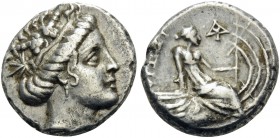 EUBOIA. Histiaia . 3rd-2nd centuries BC. Tetrobol (Silver, 13 mm, 2.32 g, 2 h). Vine-wreathed head of nymph Histiaia to right. Rev. IΣTIAIEΩN Nymph se...